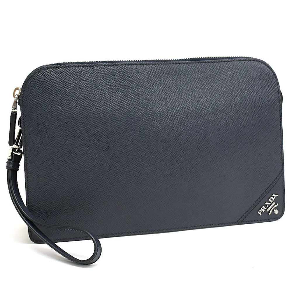Prada Clutch Bag Shoulder Travel Pouch Clutch Saffiano Leather Navy Blue